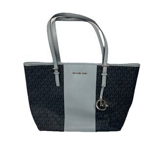 Michael Kors Navy Blue MK Signature Jet Set Travel Tote Bag Silver Hardware